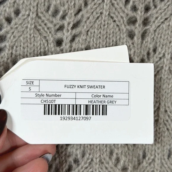 English Factory Fuzzy Open-Lace Knit Sweater Sz S Heather Grey Cozy Soft Neutral - Picture 7 of 10